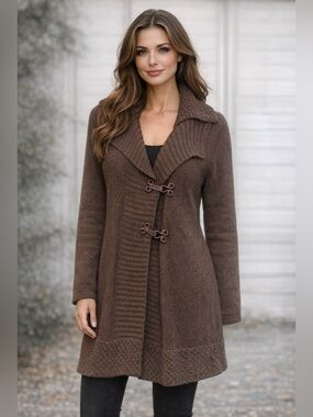 LO RI Cardigan Sweater Coat Medium Long Brown Italian Wool Art to Wear Toggle